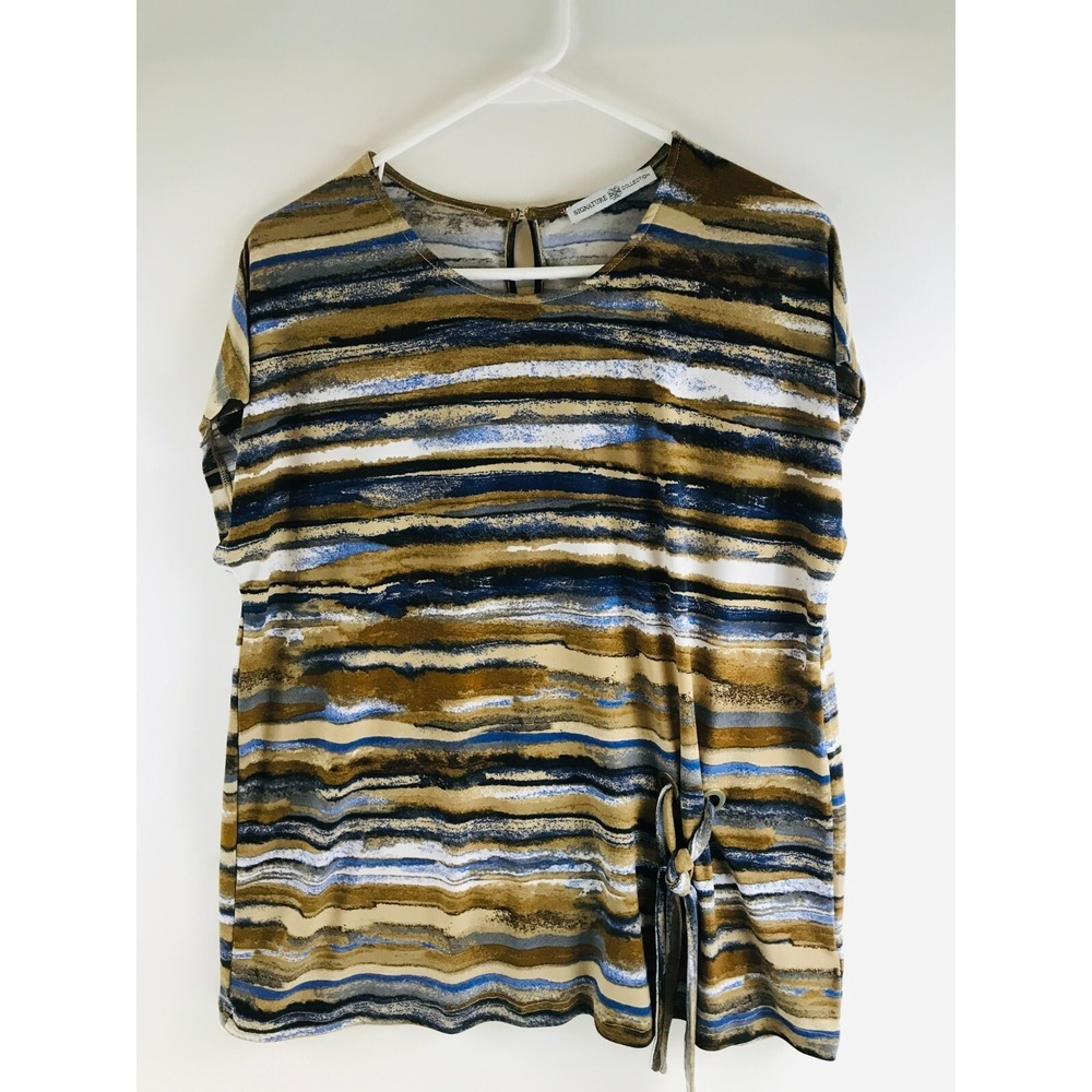 Signature Collection Shirt Women's Size L Brown Blue White Sleeveless Waist Tie